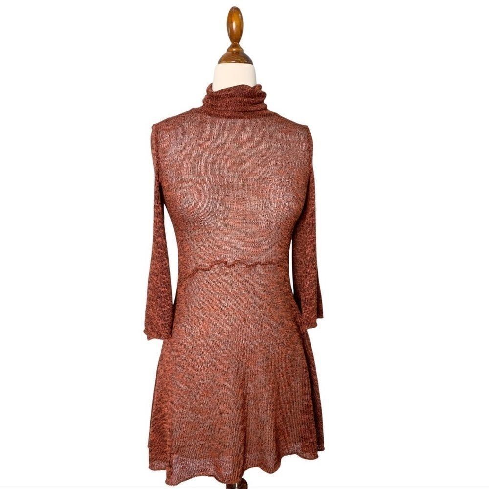Mark and Estel Sheer Open Knit Cowl Neck Tunic Brick & Black Size XS Bell Sleeve